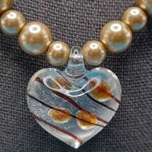Murano Glass Heart Glass Pearl Necklace, Magnetic Clasp, Hand-made